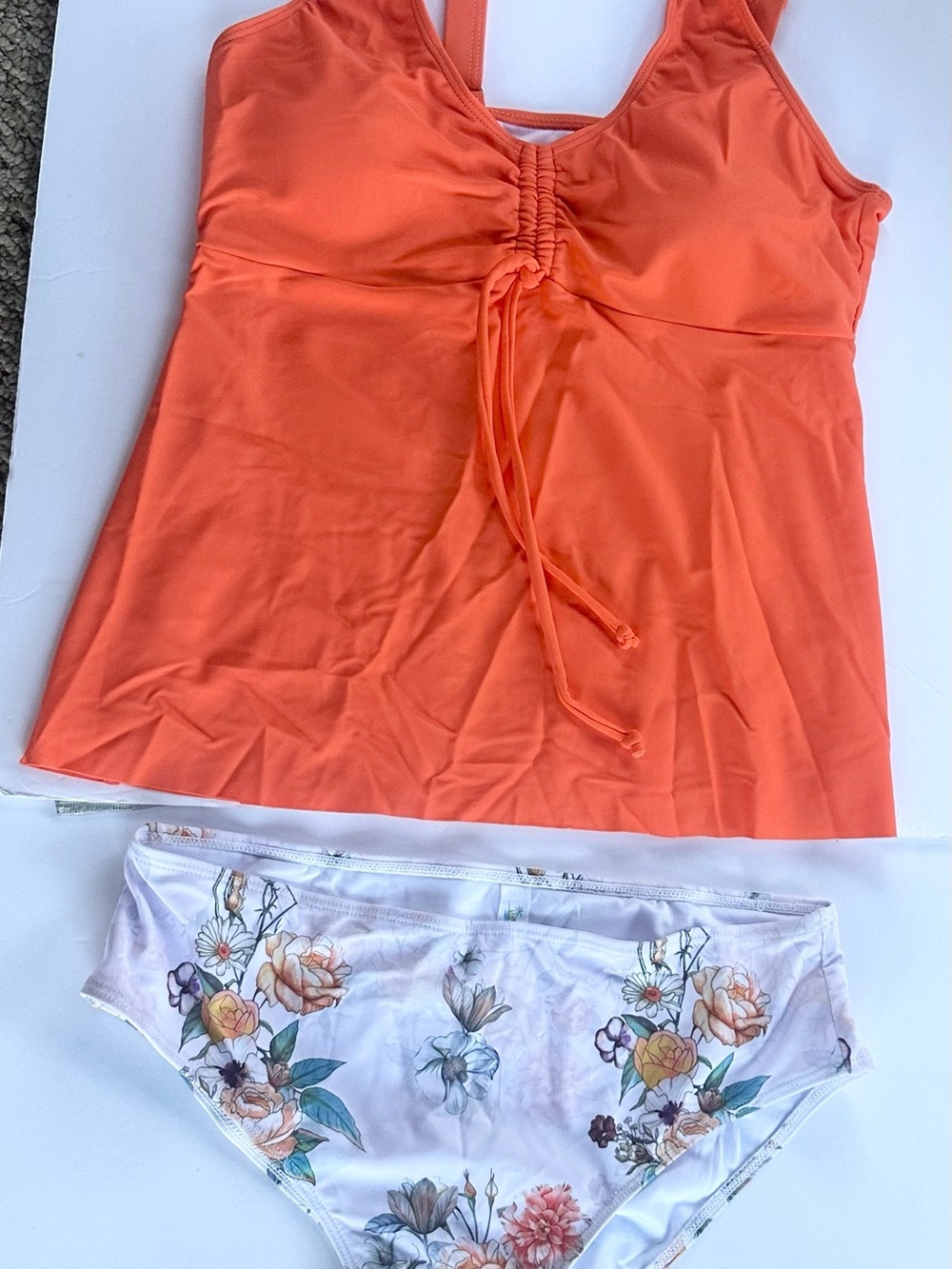 Orange Drawstring Tankini Top with Floral Bikini Bottoms